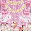 Pink Birthday Party Decoration for Women, Happy Birthday Party Decoration, Pink Fringe Curtain, Pink Heart Star Foil Confetti Balloons, for Women Girl 13th 16th 18th 21th Birthday Party Supplies…