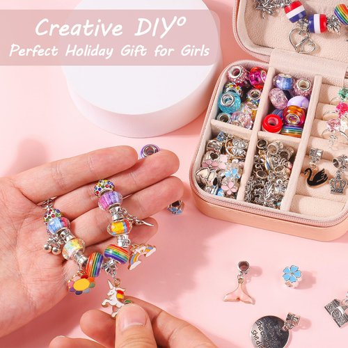 UFU Charm Bracelet Making Kit - Girls 95 Pcs DIY Beaded Jewelry Making Kit, Unicorn & Mermaid Gifts for Girls Crafts for Girls Ages 5 6 7 8-12, with a Portable Bracelet Organizer Box