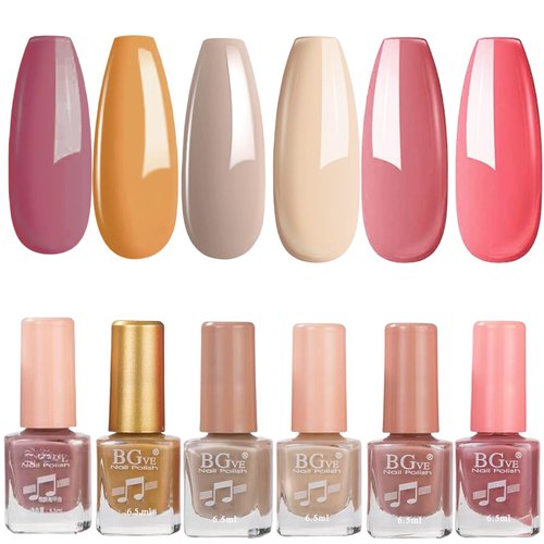 6Pcs Gel Nail Polish, Regular Nail Polish Set, Air Dry Nail Polish Gift Set, Long Wear Nail Polish Kit for Women Girls, Long Lasting Polish for Nails, Nude, Brown, Deep Pink, Gold, Jelly Pink, Yellow