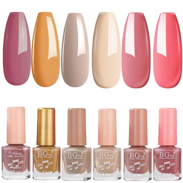 6Pcs Gel Nail Polish, Regular Nail Polish Set, Air Dry Nail Polish Gift Set, Long Wear Nail Polish Kit for Women Girls, Long Lasting Polish for Nails, Nude, Brown, Deep Pink, Gold, Jelly Pink, Yellow