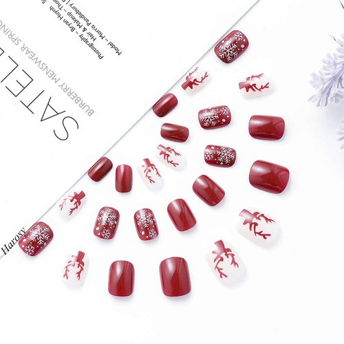 Florry Red Press on Nails Short Snowflake Fake Nails Oval Glossy Full Cover Artificial Nails Tips for Women and Girls for Christmas Festival 24Pcs