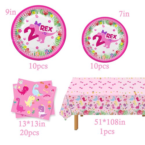 10pcs Dinosaur 2 year old plate paper towel plus tablecloth，Two Rex Birthday Decorations Girl,Dinosaur 2nd Birthday Party Supplies Girl,Pink Dinosaur Party Supplies 2nd Birthday.
