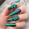 Outyua Rhinstone Super Long Fake Nails Coffin Green Press on Nails Glossy Ballerina Acrylic False Nails with Designs Artificial Full Cover Extra Long Nails for Women and Girls 24Pcs (Green Crystal)