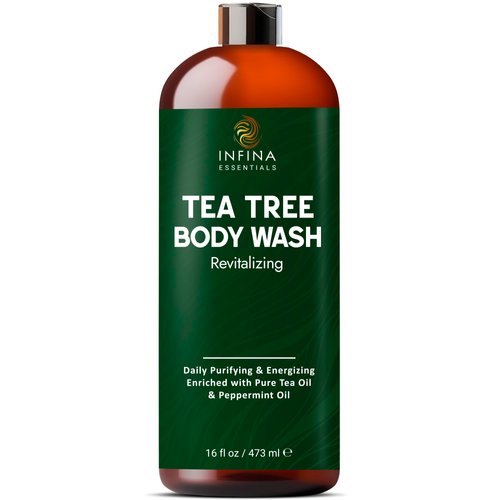 INFINA ESSENTIALS Tea Tree Body Wash Men & Women - Invigorating Shower Gel Soap - Helps with Body Odor, Soothes Itching, Deep Cleansing Tea Tree Oil Body Wash - 16 fl oz