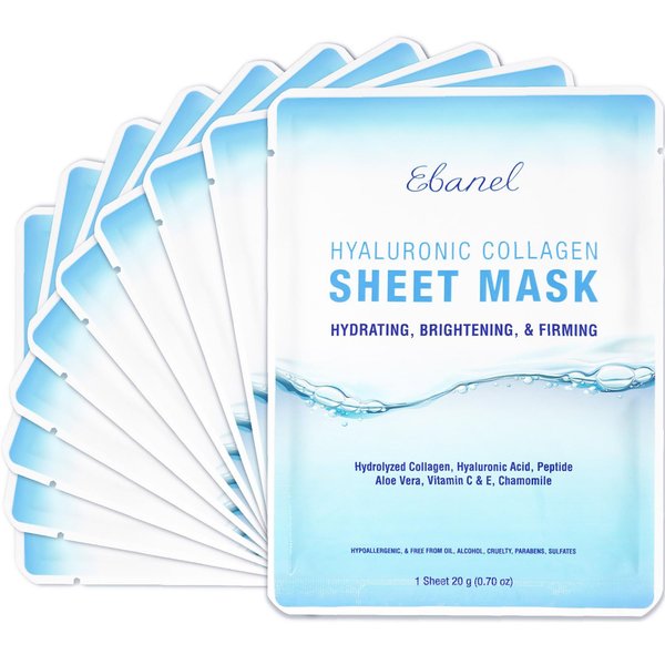 Ebanel 10 Pack Collagen Face Mask, Instant Brightening & Hydrating Face Sheet Mask with Aloe Vera, Hyaluronic Acid, Vitamin C and E, Chamomile, Anti Aging Face Mask with Hydrolyzed Collagen, Peptide