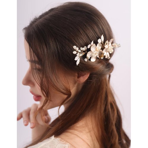 Rumtock Gold Flower Hair Comb with Pearl for Wedding Brides Hair Accessories