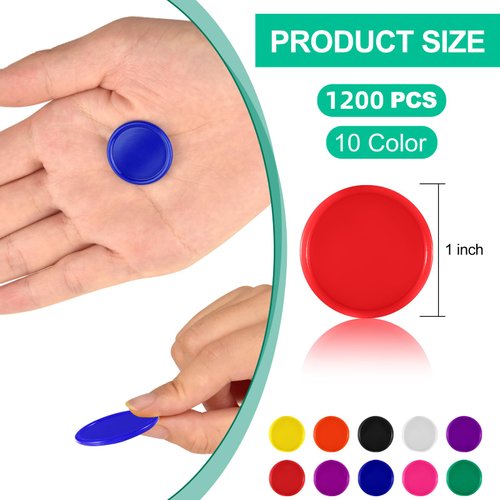 Coopay 1200 Pieces 1 Inch Bingo Chips Bulk, 10 Colors Bingo Markers for Math Practice, Plastic Learning Counters Disks Counting Discs, Poker Chips Game Tokens Kids Reward (Style 2)