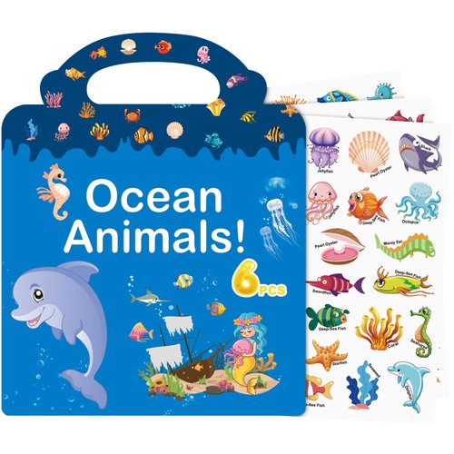 214 PCS Ocean Animals Reusable Sticker Books for Kids, 6 Sheets Reusable Stickers for Toddlers, Cute Waterproof Toddler Stickers Age 3+, Window Clings Travel Learning Toys Educational Sticker