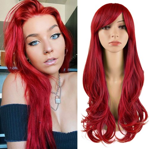 TOFAFA Red Wigs for Women Long Wavy Wig, Synthetic Wig Anime Hairpiece for Daily Cosplay Costume, Curly Hair Wig Comes with a Free Wig Cap (Red Wig 24 inch)