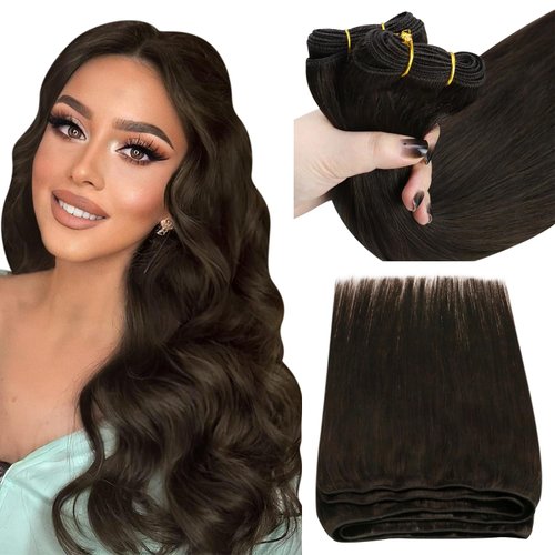 Sunny Human Hair Weft Extensions Brown Sew in Hair Extensions Real Human Hair Dark Brown Straight Human Hair Weft Extensions Darkest Brown Sew in Real Hair Extensions 16Inch 100G Human Hair Weft