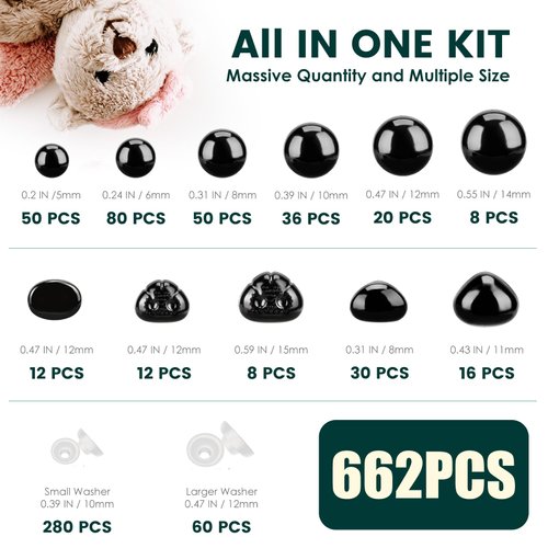 662Pcs Safety Eyes and Noses for Amigurumi, Junreox Preimum Safety Eyes for Crochet Stuffed Animals, 5-14mm Assorted Plastic Crochet Craft Eyes with Washers for Teddy Bear, Dolls, Plushies Toys, Black