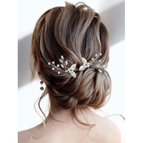 Asooll Pearl Bride Wedding Hair Pins Silver Leaf Bridal Hair Pieces Crystal Hair Clips Rhinestone Hair Accessories for Women and Girls(Pack of 2)