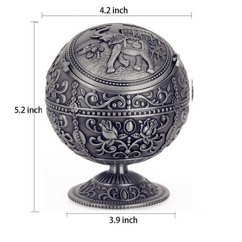 LAUYOO Vintage Ashtray with Lid for Cigarettes Metal Portable Ashtray for Outdoors Indoors Hand Stamped Windproof Ash Tray Classy Gift for Men Women(Tin with Lucky Elephant)