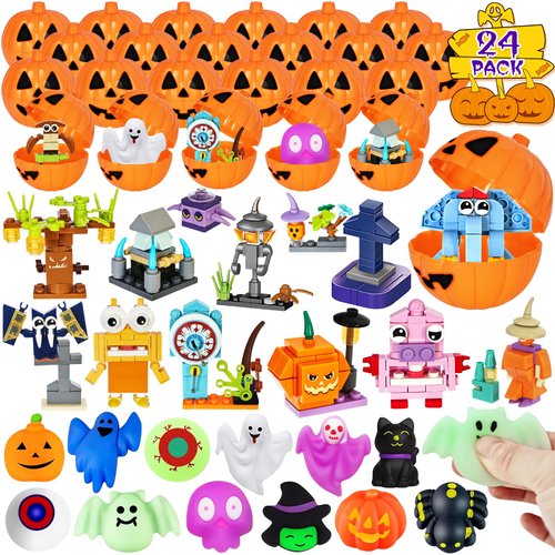 24 Pack Halloween Party Favors,12Pcs Mochi Squishy 12Pcs Halloween Building Blocks and 24Pcs Pumpkin Boxes, Halloween Goodie Bag Fillers Halloween Classroom Prizes Trick or Treat Halloween Favors