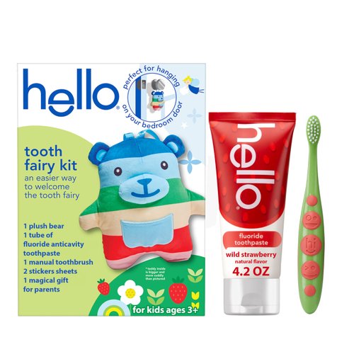 hello Tooth Fairy Kit with Tooth Fairy Door Hanger and Tooth Teddy Bear, Includes Full Size Fluoride Kids Strawberry Toothpaste and Kids Toothbrush, for Children Ages 3 and Up