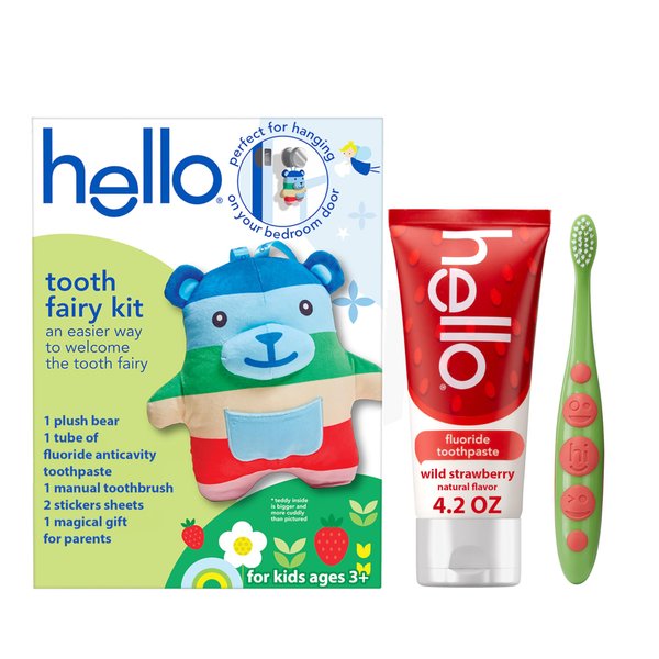 hello Tooth Fairy Kit with Tooth Fairy Door Hanger and Tooth Teddy Bear, Includes Full Size Fluoride Kids Strawberry Toothpaste and Kids Toothbrush, for Children Ages 3 and Up