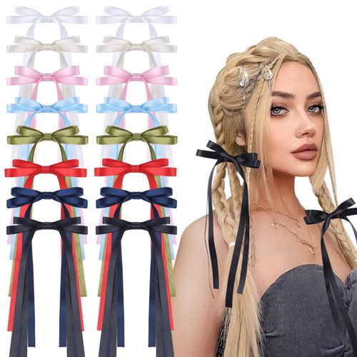 16PCS Hair Bows for Women, Hair Clip Hair Tassel Ribbon With Long Tail, Solid Satin Hair Accessories Ponytail Holder Metal Clips Barrettes