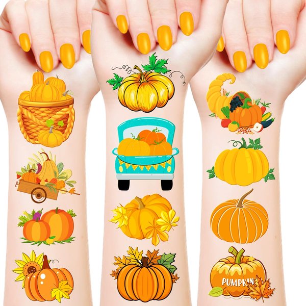 192 PCS Pumpkin Temporary Tattoos, Pumpkin Party Decorations Favors Supplies, Cute Pumpkin Tattoo Stickers Gifts for Boys Girls School Prizes