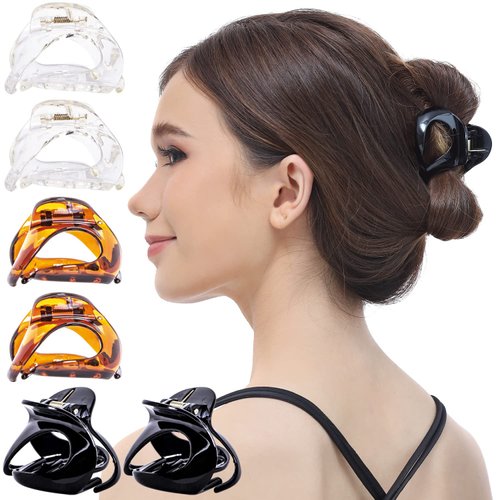 RC ROCHE ORNAMENT 6 Pcs Womens Oval Hollow Curved Jaw Clamp Barrette Interlocking Teeth No Slip Grip Beauty Fashion Girls Classic Plastic Accessory Hair Clip, Medium Clear Brown and Black