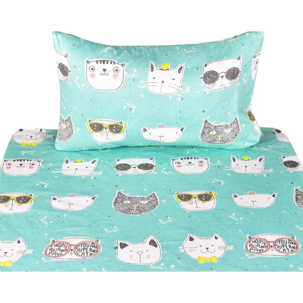 J-pinno Cats Kitty Cute Twin 100% Cotton 3 Pieces Sheet Set for Kids Girls Children Flat Sheet + Fitted Sheet + Pillowcase Bedding Decoration Gift Set