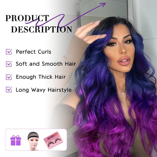 WIGER Long Wavy Wig Black To Blue To Purple Hair Long Curly Ombre Color Hair Wigs Rainbow Wigs Middle Part Wavy Synthetic Wigs Mermaid Purple Wigs For Cosplay Daily Party Wig