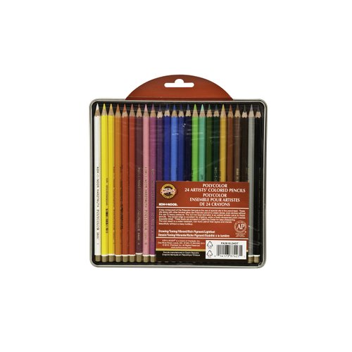 Koh-I-Noor Polycolor Drawing Pencil Set, 24 Assorted Colored Pencils in Tin and Blister Carded, 1 Each (FA3818.24OT)