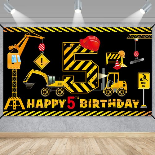Construction 5th Birthday Banner Decorations for Boys Kids, Dump Truck Construction Theme Five Birthday Party Supplies, Excavator Crane Digger Five Year Old Banner Sign
