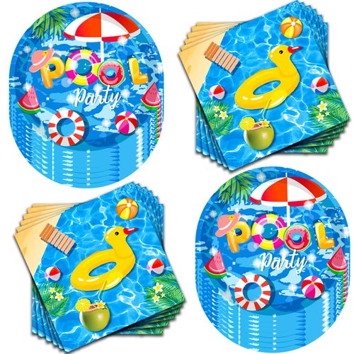 80Pcs Pool Party Supplies Summer Pool Party Set 7"Pool Paper Plate Pool Napkins for Beach Pool Theme luau Beach Pool Birthday Party Decorations|Serve 40