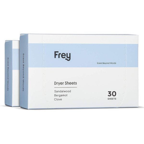 FREY Naturally Scented Dryer Sheets - Fabric Softener for Soft, Fresh & Clean Clothes - Sandalwood, Bergamot & Clove Fragrance Scent - 60 Sheets - Pack of 2
