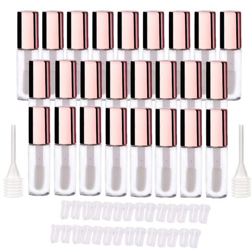 LTKJ 25 Pack 1.2 mL Pretty Empty Lip Gloss Tubes Containers, Clear Mini Refillable Lip Balm Bottles with Rubber Inserts and 3pcs Transfer Pipettes for Lip Samples Travel DIY Makeup (Rose Golden)