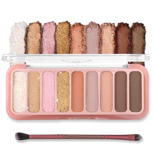Erinde Mini 9 Colors Eyeshadow Palette, Matte & Shimmer Glitter Eye Shadow Makeup, Long-Lasting Waterproof, Ultra-Blendable, Naturing-Looking, Neutral Nude Eyeshadow Pallet with Brush, Travel Size