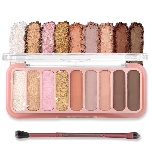 Erinde Mini 9 Colors Eyeshadow Palette, Matte & Shimmer Glitter Eye Shadow Makeup, Long-Lasting Waterproof, Ultra-Blendable, Naturing-Looking, Neutral Nude Eyeshadow Pallet with Brush, Travel Size