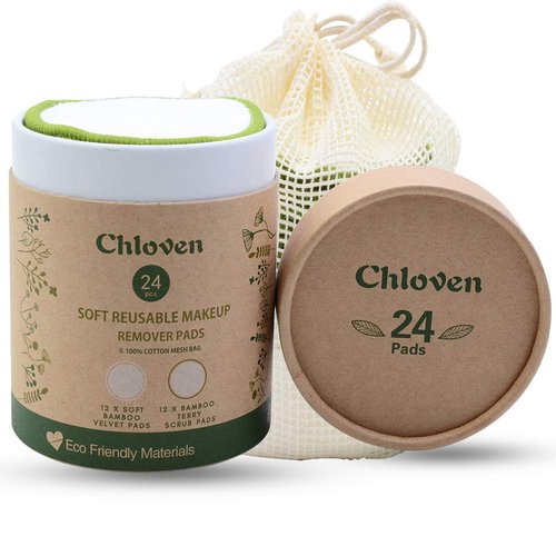 Chloven Reusable Makeup Remover Pads 24 Pack - Washable Eco-Friendly Bamboo Velour Pads for all Skin Types,Bamboo Reusable Cotton Rounds for Toner, with Cotton Laundry Bag And Round Box for Storage
