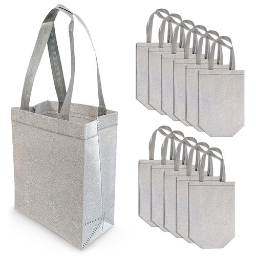 Silver Gift Bags - 12 Pack Small Silver Reusable Gift Bag Tote with Handles, Glitter Metallic Bling Shimmer, Eco Friendly for Kids Birthdays, Bridesmaids, Party Favors, Grocery Shopping - 8x4x10