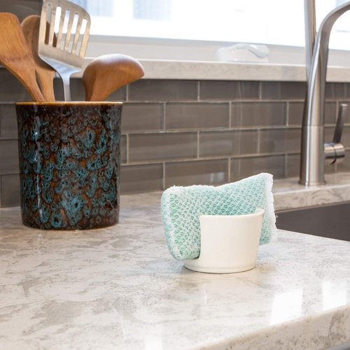 Ceramic Dish Sponge and Scrubby Holder - Caddy - Drainer for Kitchen Sink | Decorative | Allows Sponge to Dry | Helps Reduce The Odor of Stinky Sponges | Bar Soap Holder for Sink (White)