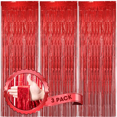 Voircoloria 3 Pack 3.3 x 8.2 ft Laser Red Foil Fringe Backdrop Curtains, Tinsel Streamers Birthday Party Decorations, Fringe Backdrop for Graduation, Baby Shower, Gender Reveal, Disco Party