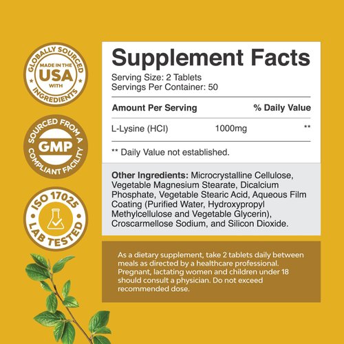 L Lysine 1000mg Free Form - High Strength L-Lysine Supplement for Eye Health Lip Care Collagen Synthesis and Immune Support - Essential Amino Acid Vegan Non-GMO 1000mg per Serving - 100 Tablets