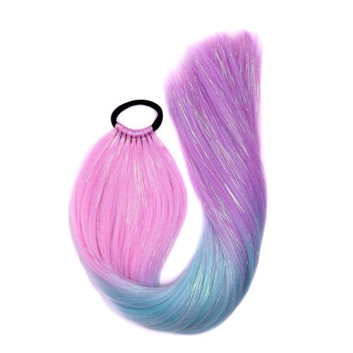 Luviri Ombre Hair Extensions Hair Tinsel 26” Jumbo Ponytail Extension for Braiding Hair on Hair Tie Loose Tinsel Hair Extensions, 9 Soft Fake Hair and Hair Glitter 1 Pcs Ponytail Pink, Blue, Purple