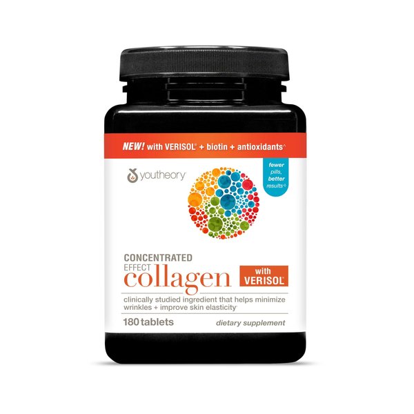Youtheory Concentrated Effect Collagen with Verisol - Advanced Collagen Supplement - Supports Skin, Hair Thickness & Nail Strength - with Biotin & Vitamin C - Gluten, Soy & Dairy Free - 180 Tablets