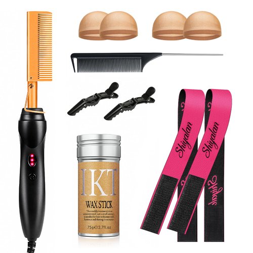 PasaRose Hot Comb Set 11Pcs, Electric Hair Straightener Pressing Comb for Black Hair with Wig Wax Stick, Lace Band, Rat Tail Comb & Salon Clips