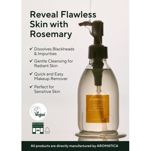 AROMATICA Vitalizing Rosemary Pore Cleansing Oil 6.7 fl oz./200ml – Double Cleanser & Makeup Remover, Oil-Based for Gentle Sebum Control, With Fermented Moringa & Essential Oils