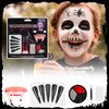 Halloween Face Painting Makeup Kit, Black Gray Red Face Paint + Vampire Fangs Teeth + Fake Blood Washable + Halloween Nails Black, SFX Face Body Paint for Zombie Cosplay, Injuries, Blood Effects