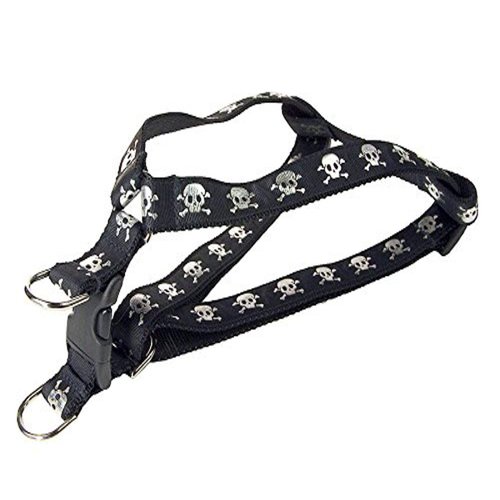 Medium Black Reflective Skull Dog Harness: 3/4" wide, Adjusts 18-24" - Made in USA.
