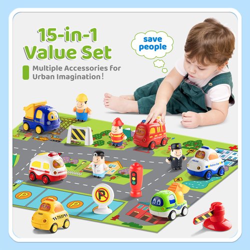 ALASOU 15 PCS Cars and People Figure Toys for 1 2 Year Old Boy with Playmat/Storage Bag|1 2 Year Old Boy Birthday Gift for Kids Ages 1 2 3|Montessori Toy Cars Stocking Stuffers for Toddlers 1-3