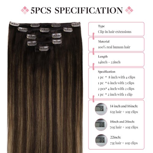 MAXITA Hair Extensions Clip in Human Hair, 5pcs 75g Balayage Dark Brown Mixed Chestnut Brown 16 Inch, Clip in Hair Extensions Real Human Hair Extensions Natural Straight Hair for Women