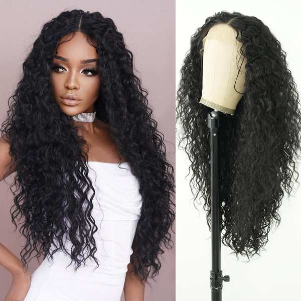 TRUMOST Kinky Curly Black Synthetic Glueless Lace Front Wigs 13x4 T Part Water Wave Transparent Pre Plucked Hd Lace Front Glueless Wig Wet and Deep Wave Wig for Black Women 30 Inch