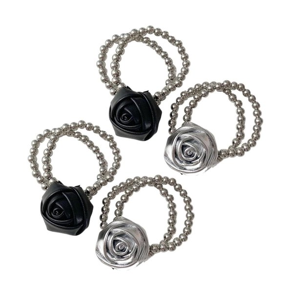 4pcs PU Leather Hair Scrunchies,Beaded Elastic Hair Scrunchies,Rose Hair Scrunchies Flower Hair Ties,Flower Ponytail Holder Bead Hair Band Scrunchies
