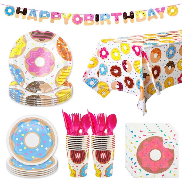 Donut Birthday Party Supplies, Serves 16, HADEEONG 114 Pieces Disposable Dinnerware Set Includes Donut Plates, Cups, Napkins, Fork, Knives, Spoon, Tablecloth and Banner for Donut Party Decorations