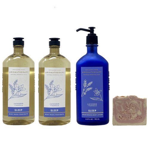 Bath & Body Works Aromatherapy Sleep Lavender Vanilla 3 Piece Set - Body Lotion and 2 Body Wash with a Himalayan Salts Springs Sample Soap