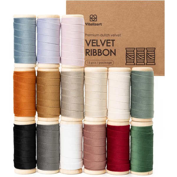 Vitalizart Velvet Ribbon Set 3/8" x 75Yd Wooden Spool Fabric Trim Eco-Friendly 15 Rolls * 5Yd for Christmas Wreath Decoration Handmade Craft Ornaments Gift Wrapping & Bow Making